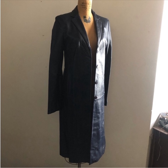 ISOFACE] Sheepskin Leather Navy Blue Tailor collar Single buttondown Long Coat - Picture 6 of 11
